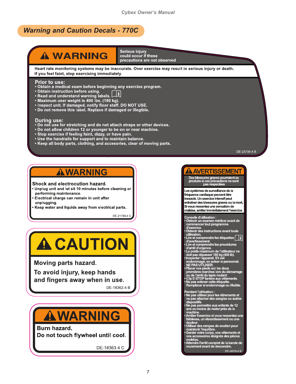 Warning and caution decals - 770c, Decal, caution, moving parts, english, Yellow pms 108c | Orange pms 152c, Bgarber, 0”w x 6.0”h, Decal, disconnect power, english, 10 trotter drive medway, ma, Dieline “cutcontour” do not print | Cybex 770C Cycle Bike User Manual | Page 7 / 76