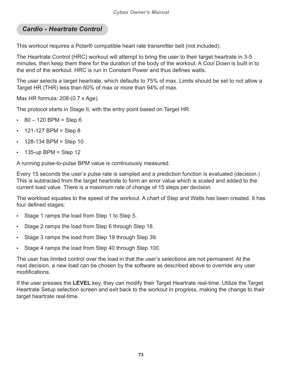 Cardio - heartrate control | Cybex 770C Cycle Bike User Manual | Page 73 / 76