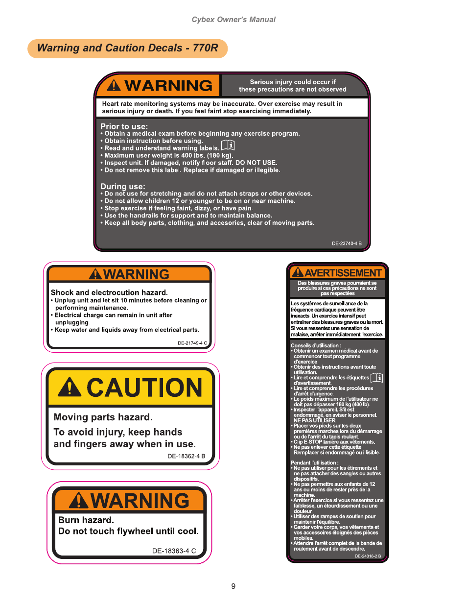 Warning and caution decals - 770r, Decal, caution, moving parts, english, Yellow pms 108c | Orange pms 152c, 0”w x 6.0”h, Decal, disconnect power, english, 10 trotter drive medway, ma, Dieline “cutcontour” do not print, Bgarber | Cybex 770C Cycle Bike User Manual | Page 9 / 76