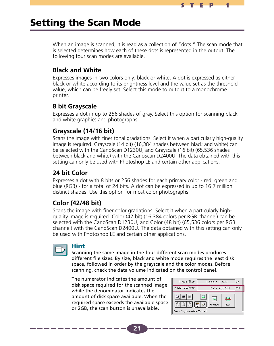 Setting the scan mode, P. 21, Scanning mode determines how the image is scanned | P. 21) | Canon 4.1 User Manual | Page 21 / 73