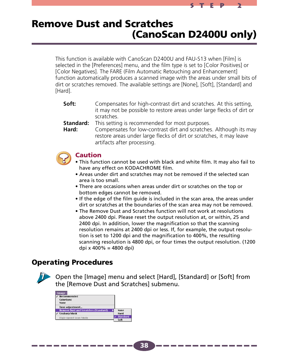 Remove dust and scratches(canoscan d2400u only), Remove dust and scratches (canoscan d2400u only), Operating procedures | Canon 4.1 User Manual | Page 38 / 73