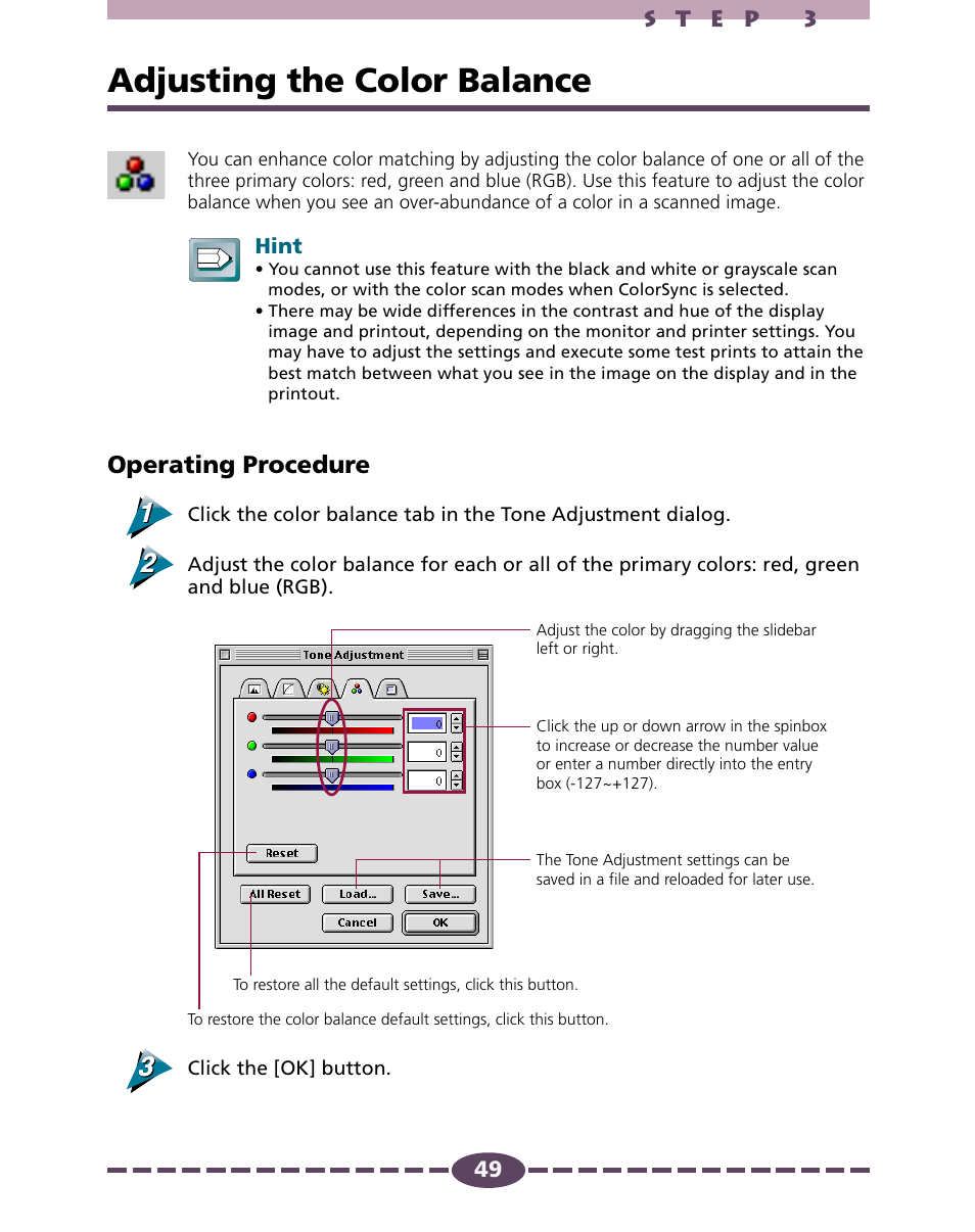 Adjusting the color balance, P. 49, Operating procedure | Canon 4.1 User Manual | Page 49 / 73