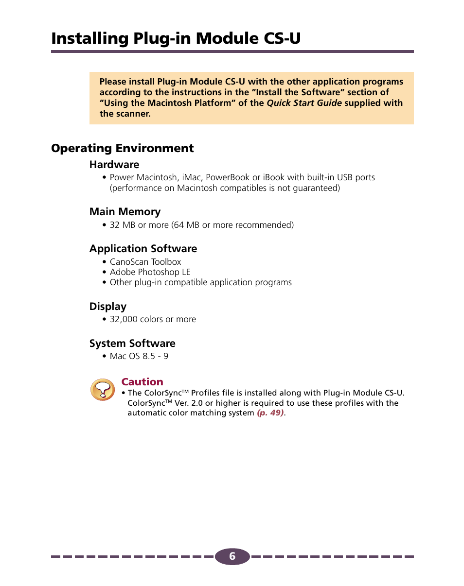 Installing plug-in module cs-u, Operating environment | Canon 4.1 User Manual | Page 6 / 73