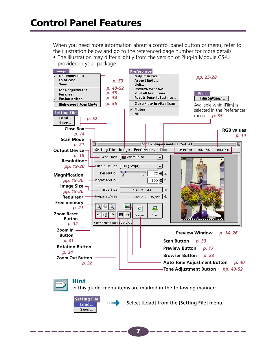 Control panel features, Hint | Canon 4.1 User Manual | Page 7 / 73