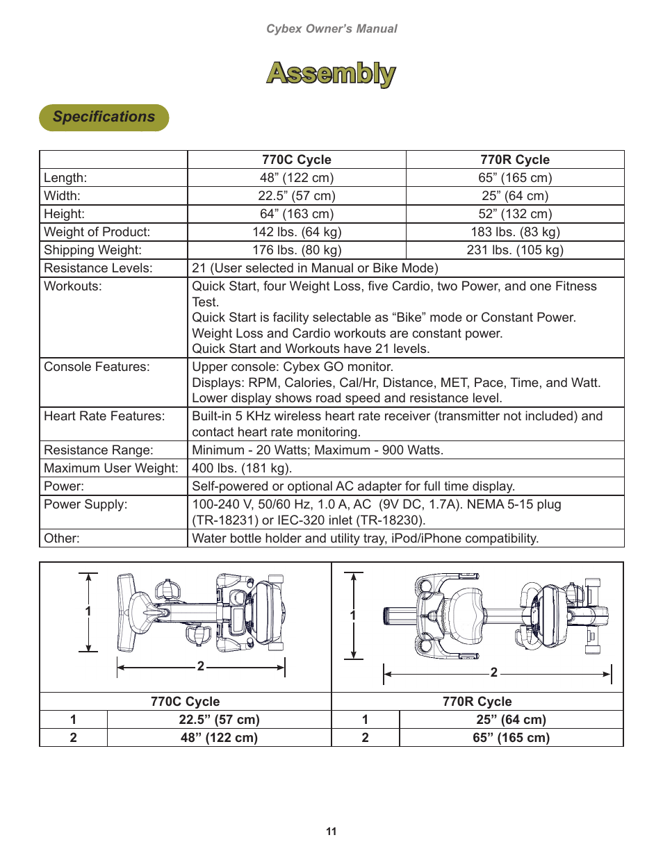 Assembly, Specifications | Cybex 770C Cycle Cybex GO User Manual | Page 11 / 68