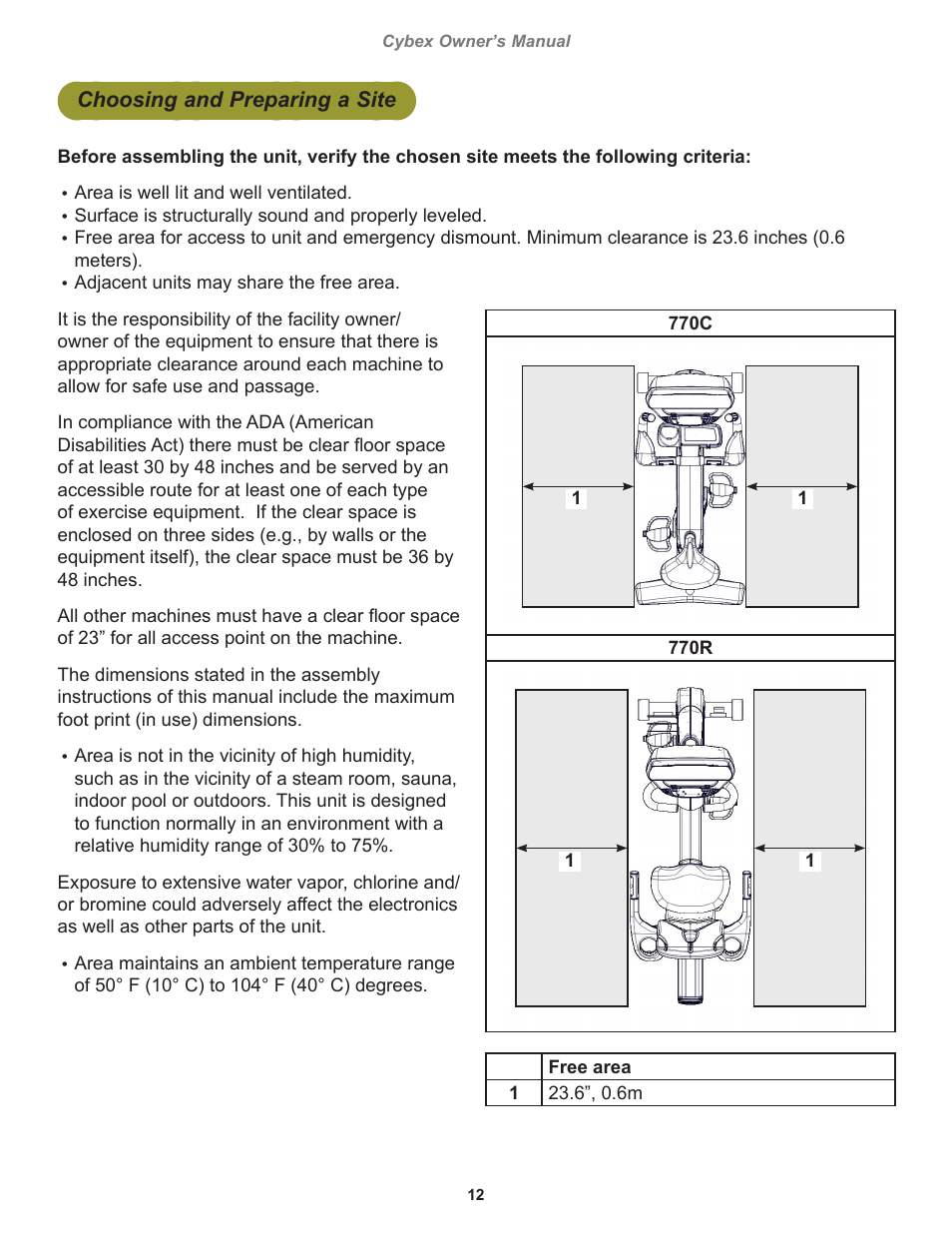 Choosing and preparing a site | Cybex 770C Cycle Cybex GO User Manual | Page 12 / 68