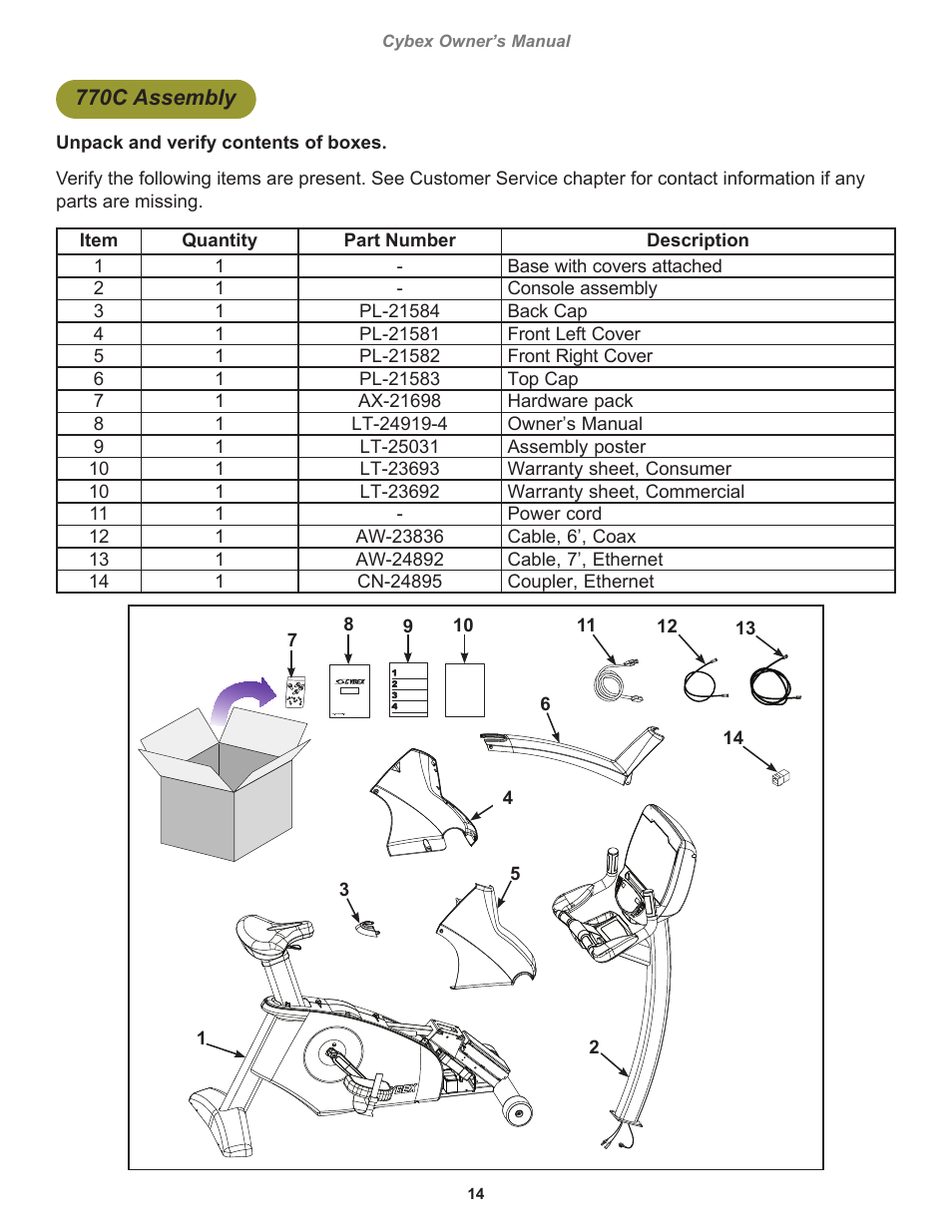 770c assembly | Cybex 770C Cycle Cybex GO User Manual | Page 14 / 68