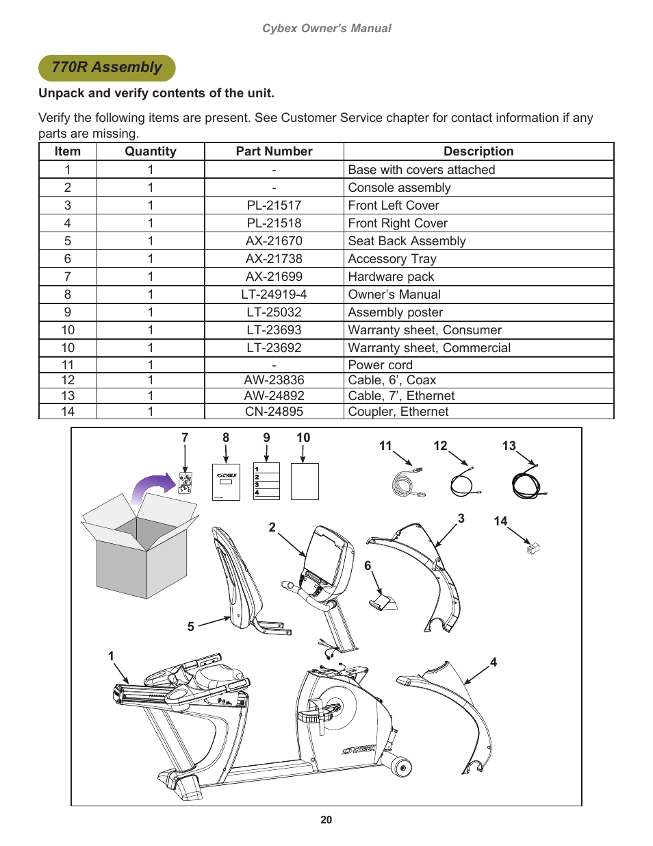 770r assembly | Cybex 770C Cycle Cybex GO User Manual | Page 20 / 68