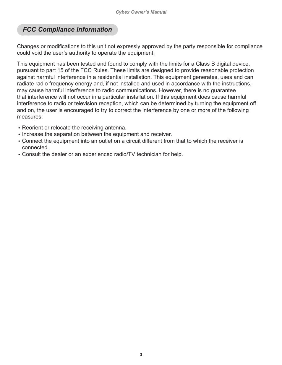 Fcc compliance information | Cybex 770C Cycle Cybex GO User Manual | Page 3 / 68
