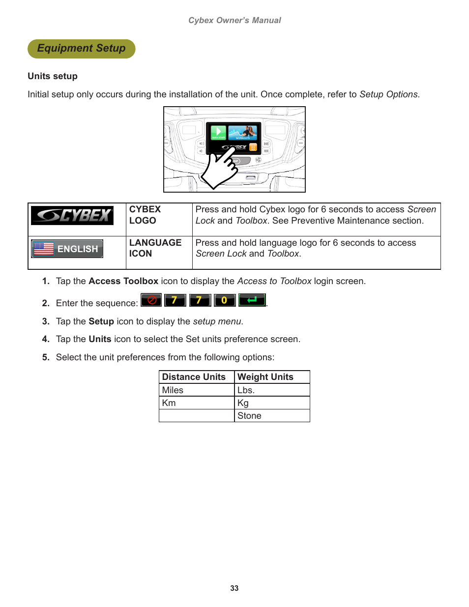 Equipment setup | Cybex 770C Cycle Cybex GO User Manual | Page 33 / 68