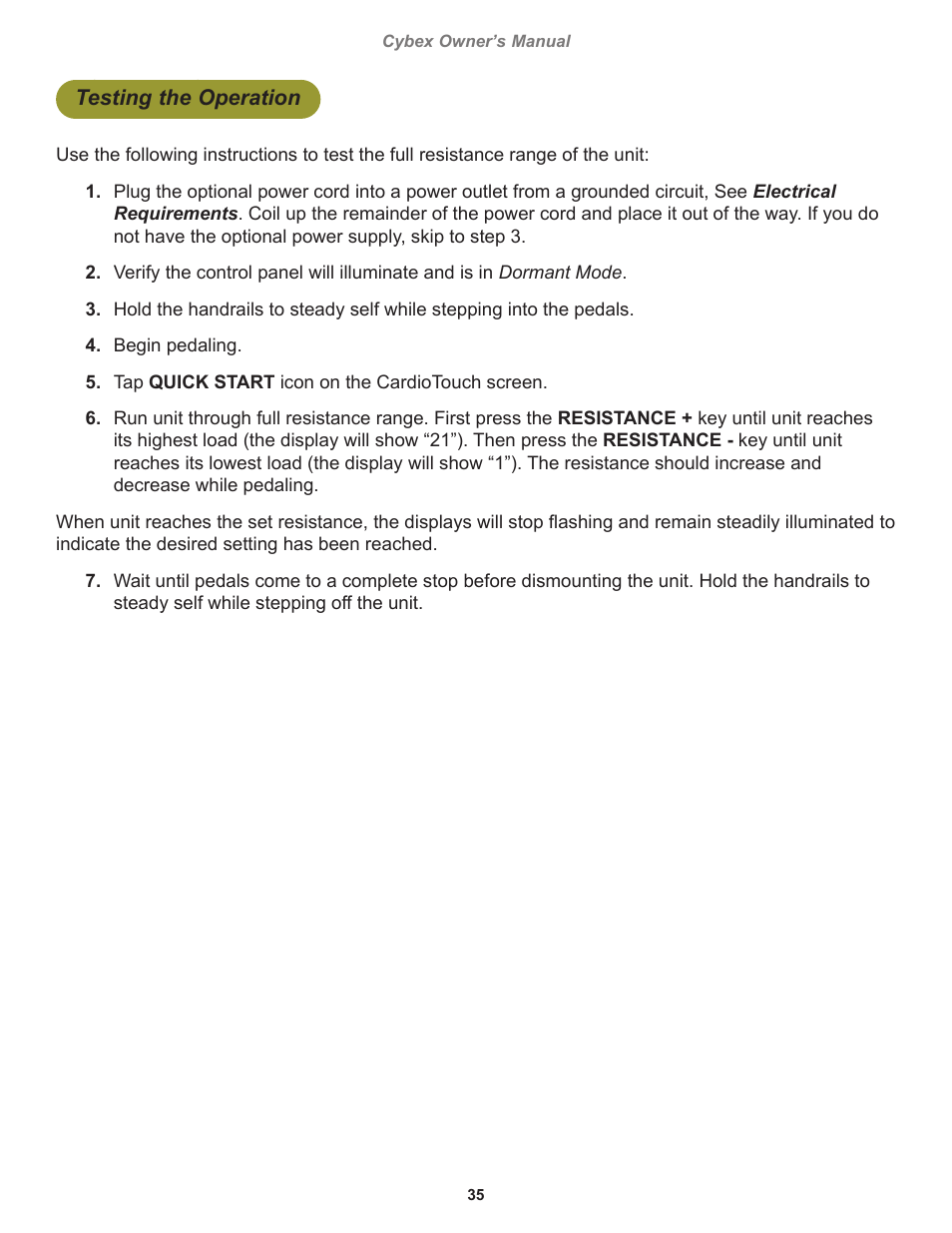 Testing the operation | Cybex 770C Cycle Cybex GO User Manual | Page 35 / 68