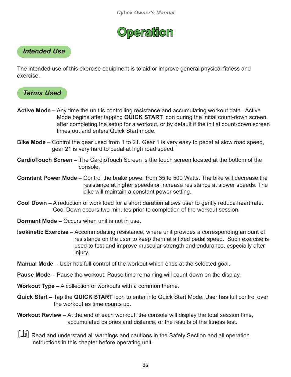 Operation, Intended use, Terms used | Cybex 770C Cycle Cybex GO User Manual | Page 36 / 68