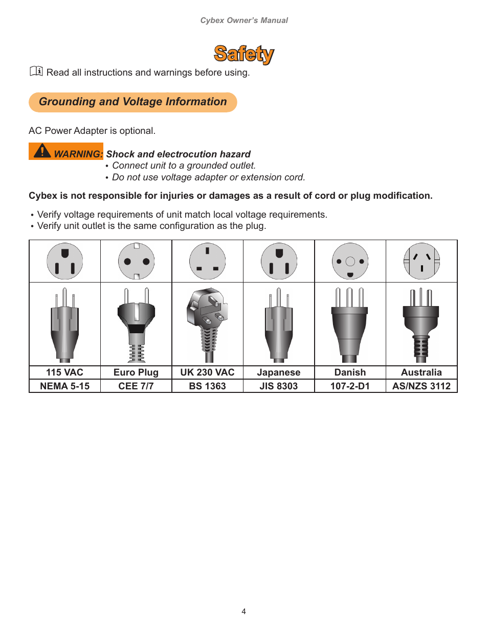 Safety, Grounding and voltage information | Cybex 770C Cycle Cybex GO User Manual | Page 4 / 68