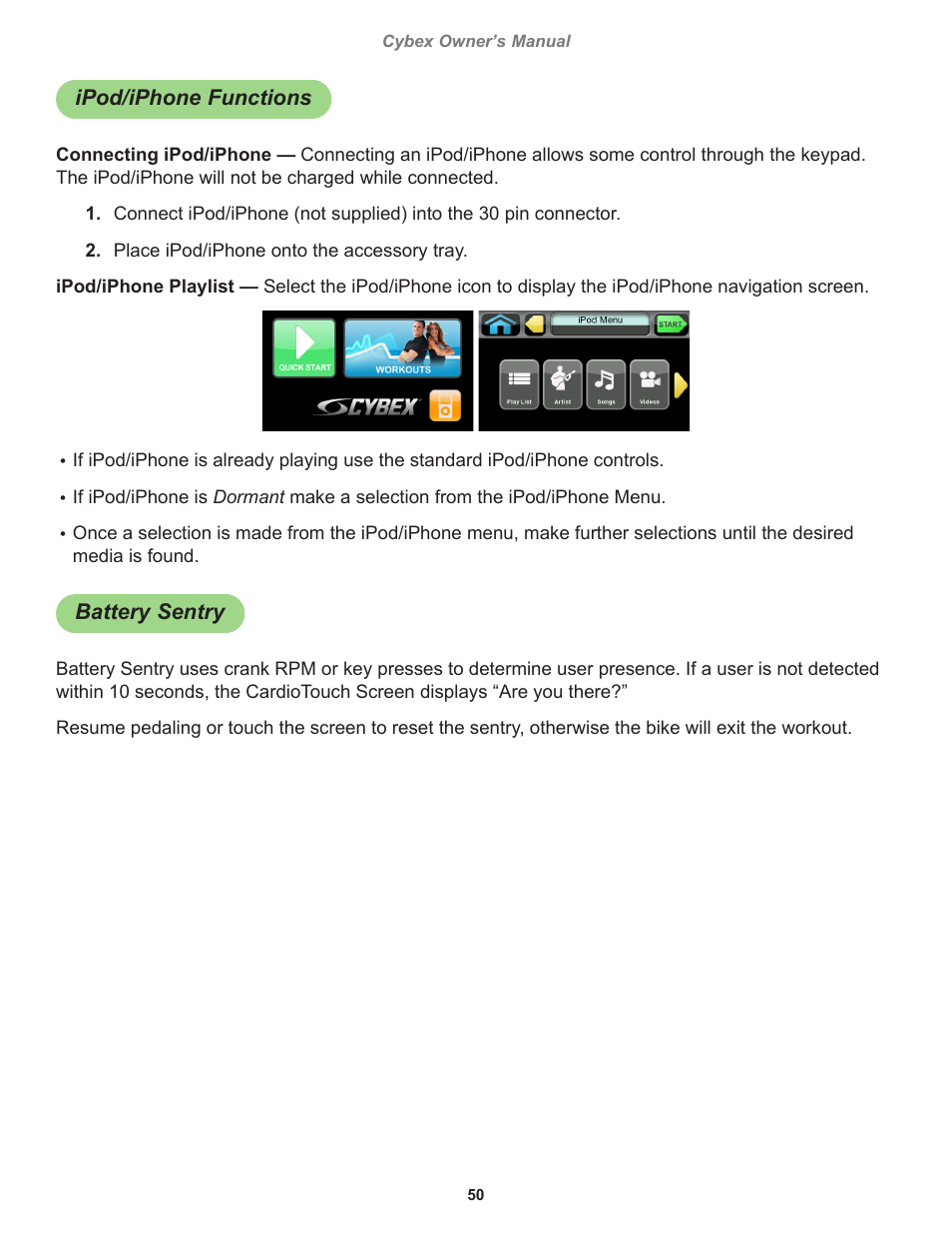 Ipod/iphone functions, Battery sentry | Cybex 770C Cycle Cybex GO User Manual | Page 50 / 68