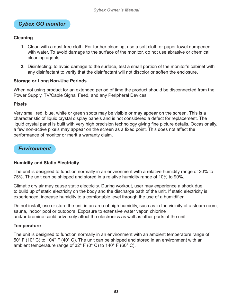 Cybex go monitor, Environment | Cybex 770C Cycle Cybex GO User Manual | Page 53 / 68