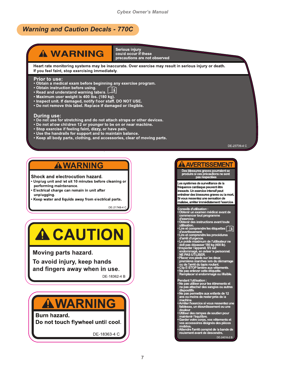 Warning and caution decals - 770c, Decal, caution, moving parts, english, Yellow pms 108c | Orange pms 152c, Bgarber, 0”w x 6.0”h, Decal, disconnect power, english, 10 trotter drive medway, ma, Dieline “cutcontour” do not print | Cybex 770C Cycle Cybex GO User Manual | Page 7 / 68