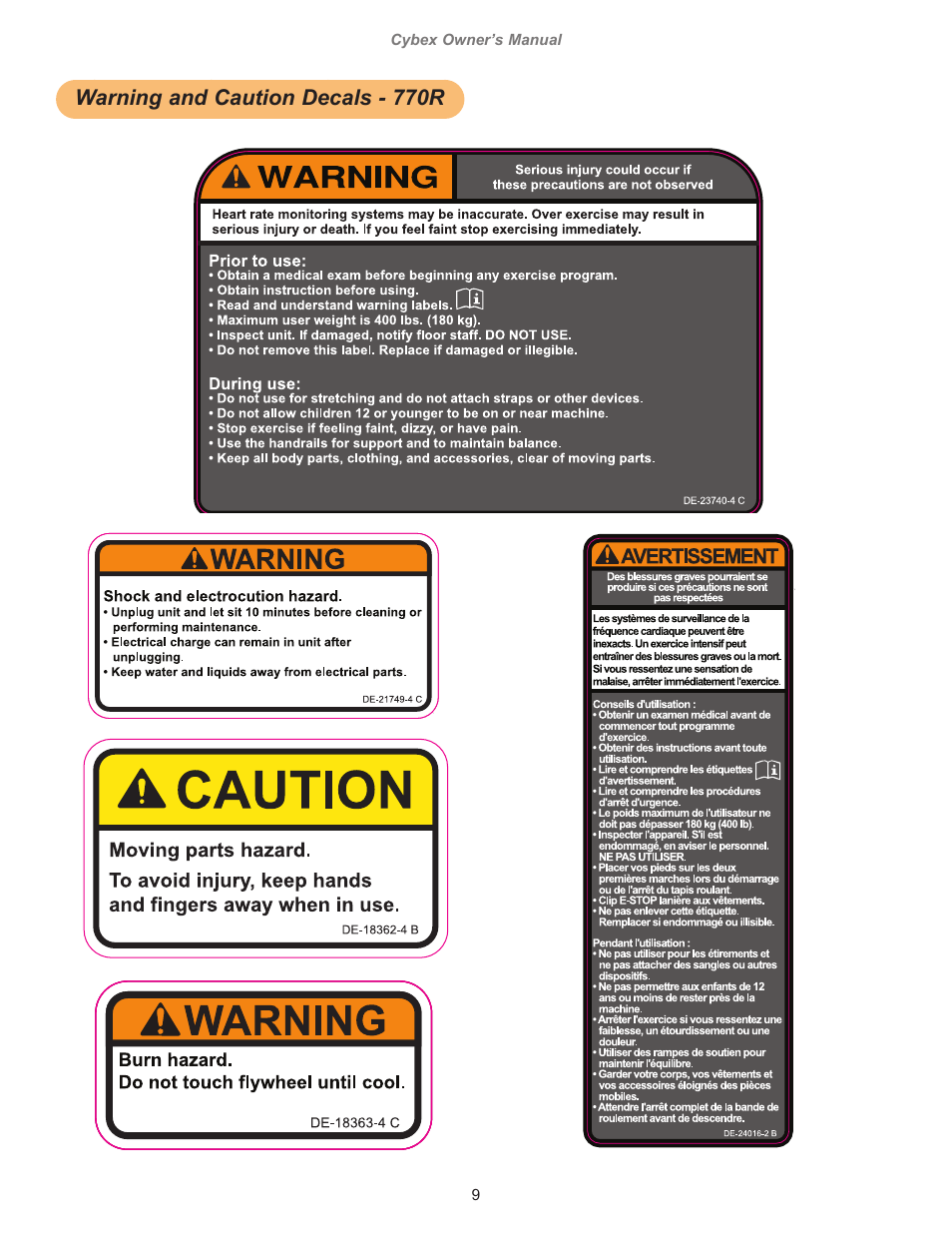 Warning and caution decals - 770r, Decal, caution, moving parts, english, Yellow pms 108c | Orange pms 152c, 0”w x 6.0”h, Decal, disconnect power, english, 10 trotter drive medway, ma, Dieline “cutcontour” do not print, Bgarber | Cybex 770C Cycle Cybex GO User Manual | Page 9 / 68