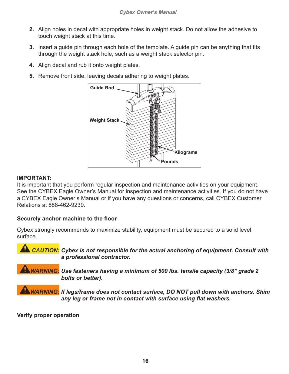Cybex owner’s manual, Pounds weight stack guide rod kilograms | Cybex 11020 Eagle Incline Pull User Manual | Page 16 / 30