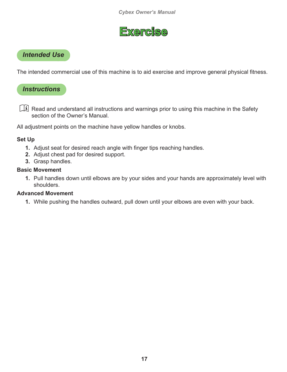 Exercise, Intended use, Instructions | Cybex 11020 Eagle Incline Pull User Manual | Page 17 / 30