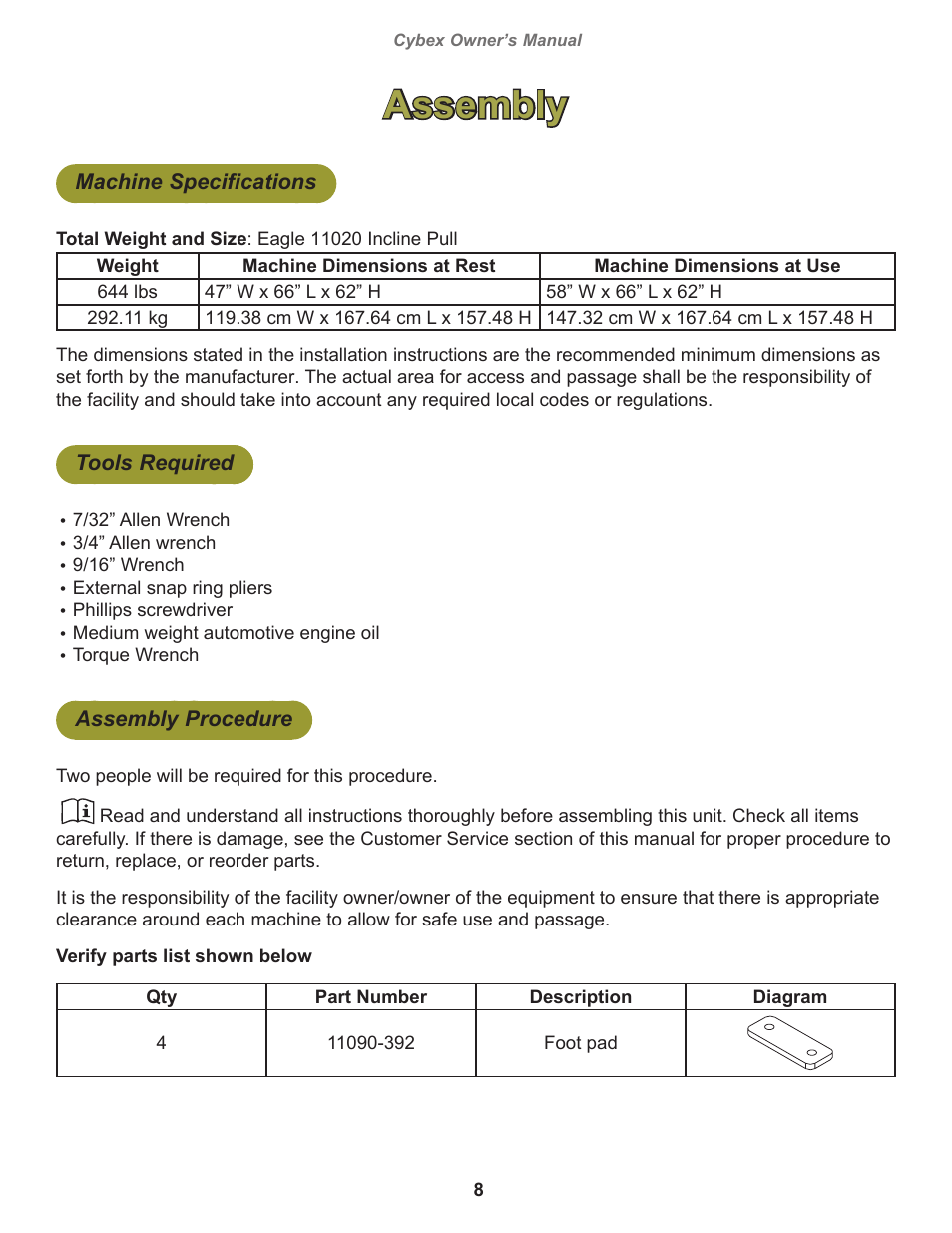 Assembly, Machine specifications, Tools required | Assembly procedure | Cybex 11020 Eagle Incline Pull User Manual | Page 8 / 30