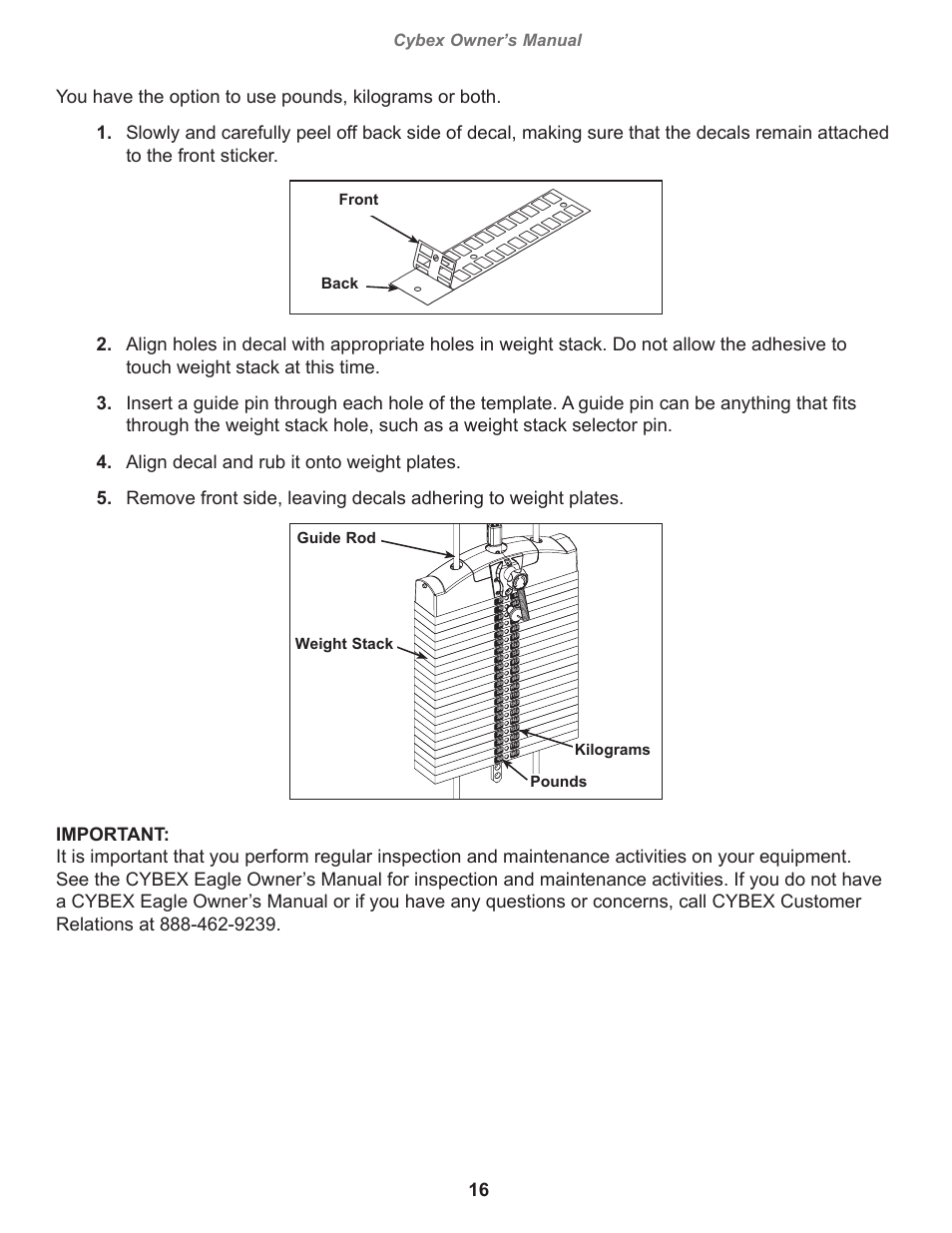 Cybex owner’s manual, Front back, Pounds weight stack guide rod kilograms | Cybex 11030 Eagle Row User Manual | Page 16 / 32