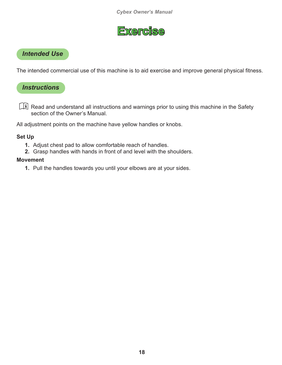 Exercise, Intended use, Instructions | Cybex 11030 Eagle Row User Manual | Page 18 / 32