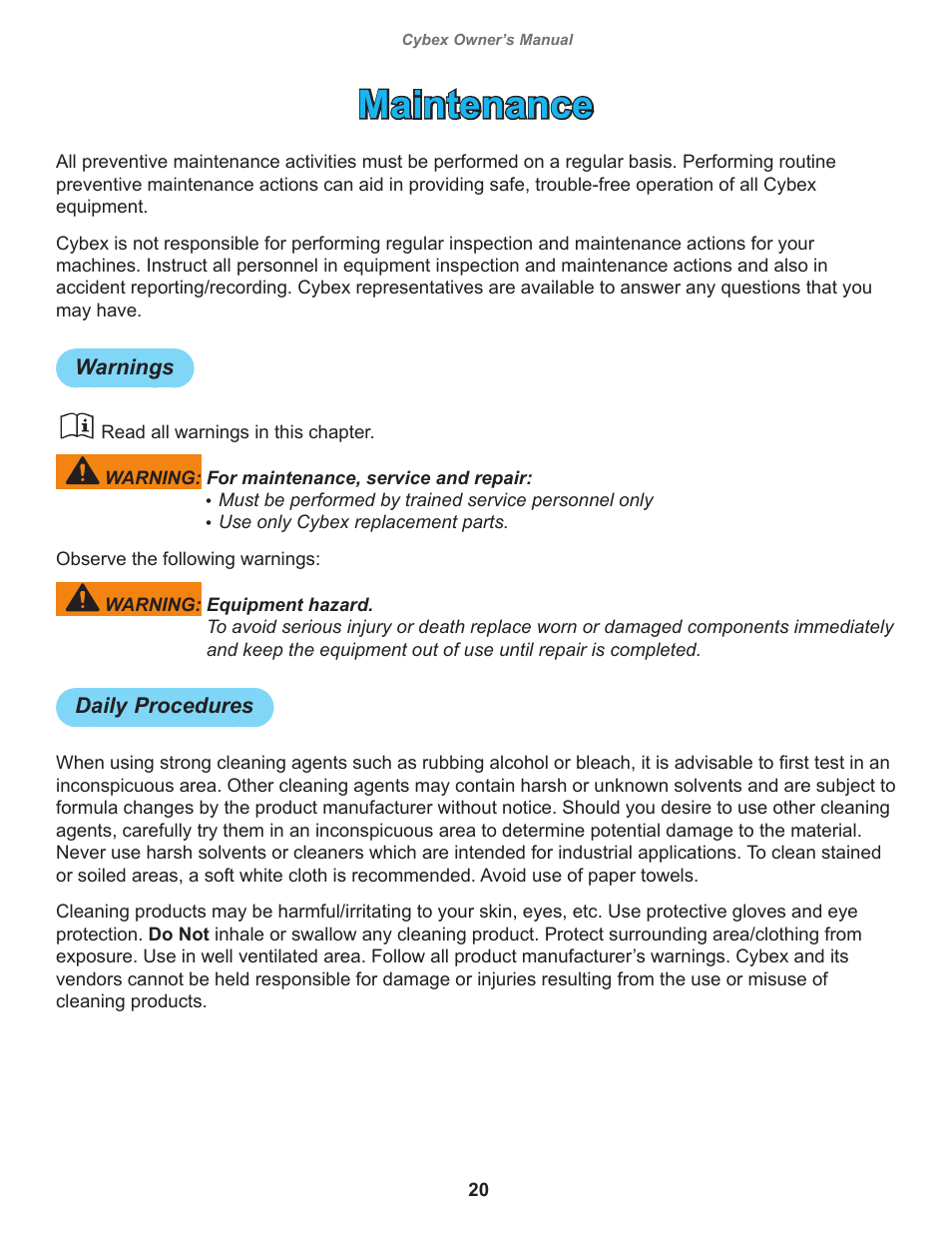 Maintenance, Warnings, Daily procedures | Cybex 11030 Eagle Row User Manual | Page 20 / 32
