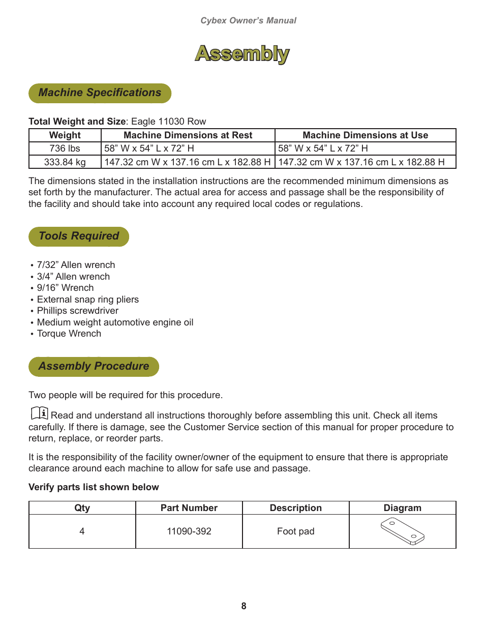 Assembly, Machine specifications, Tools required | Assembly procedure | Cybex 11030 Eagle Row User Manual | Page 8 / 32