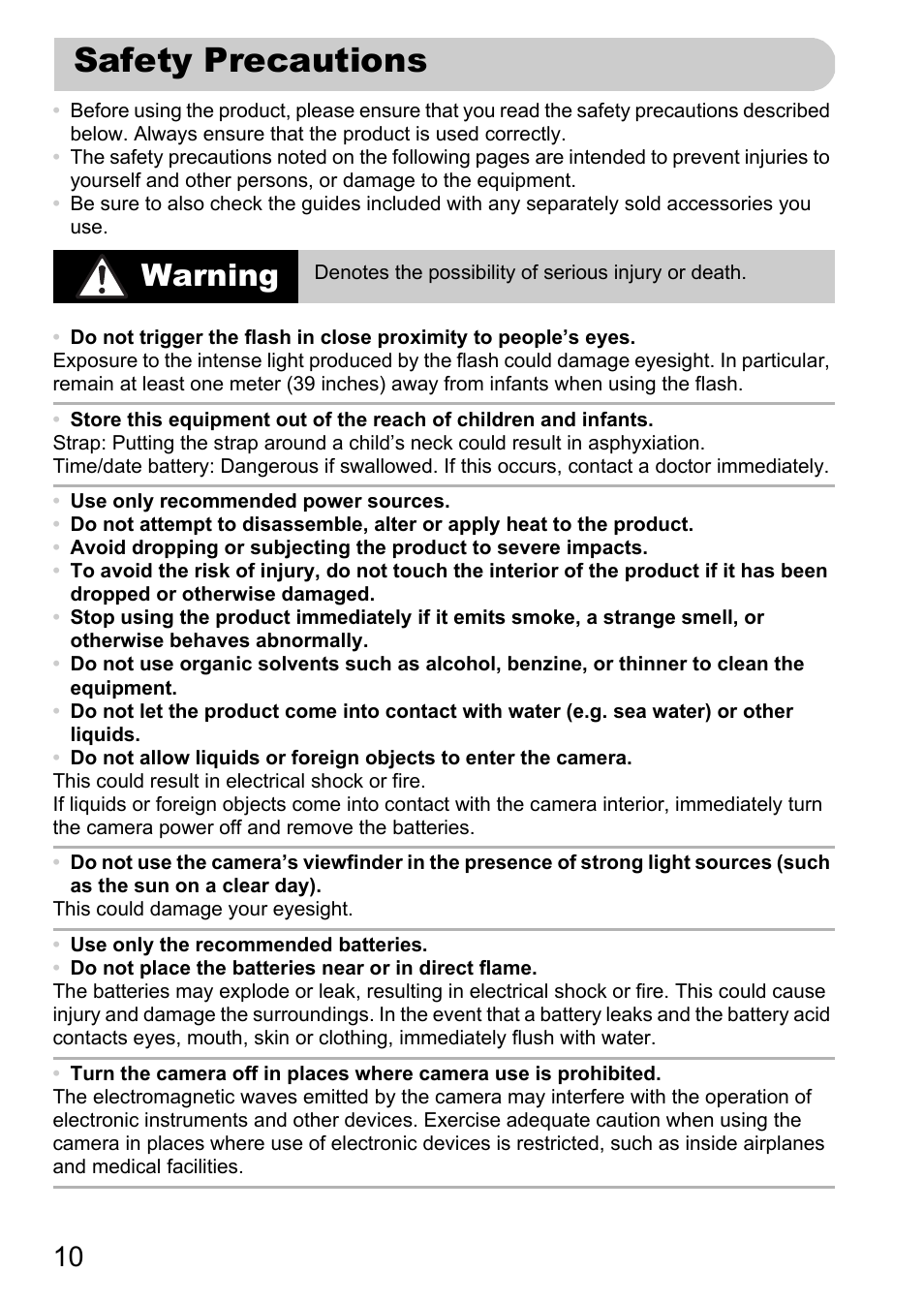 Safety precautions, Warning | Canon A1200 User Manual | Page 10 / 184