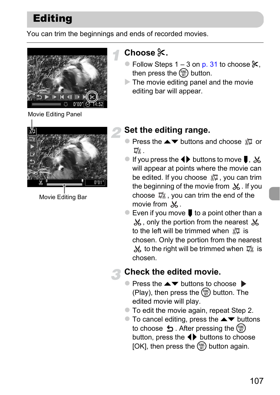 Editing, Choose, Set the editing range | Check the edited movie | Canon A1200 User Manual | Page 107 / 184