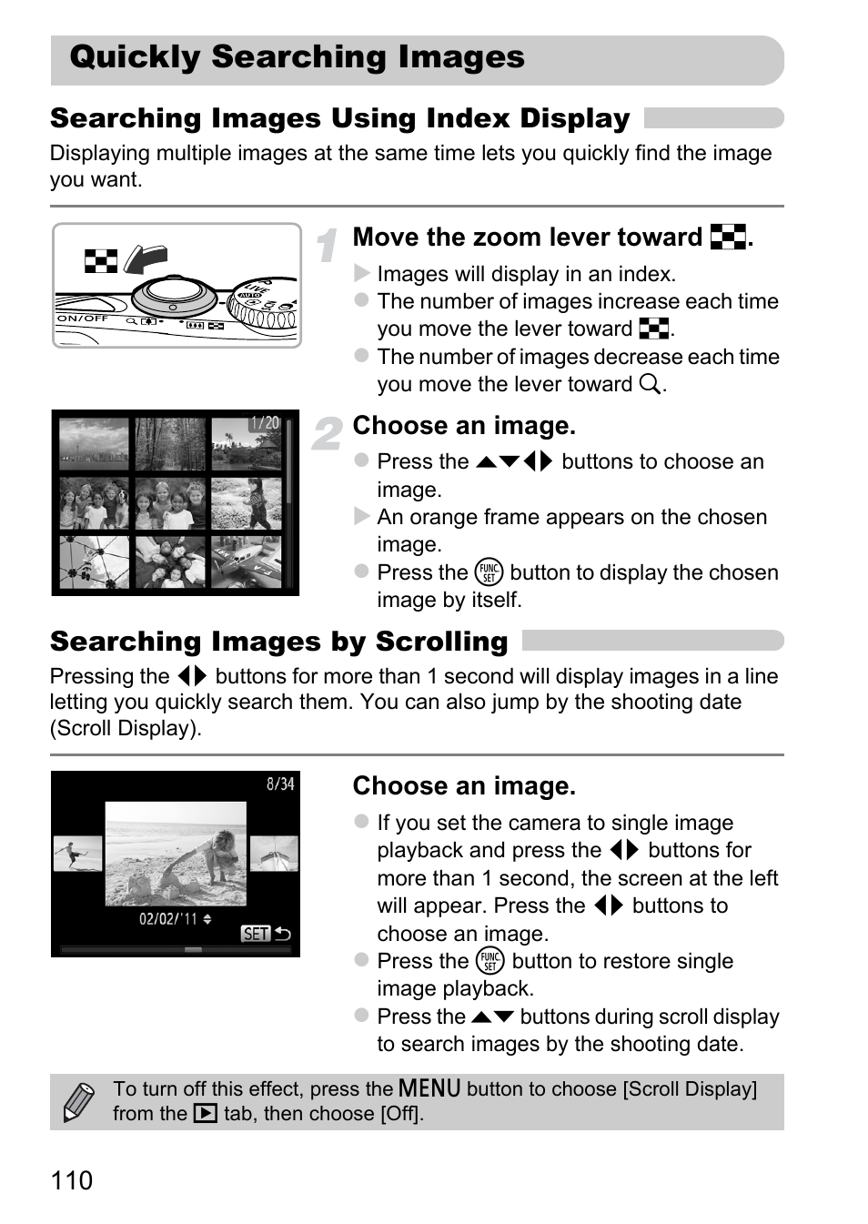 Quickly searching images, Pp. 110, Searching images using index display | Searching images by scrolling, Move the zoom lever toward g, Choose an image | Canon A1200 User Manual | Page 110 / 184