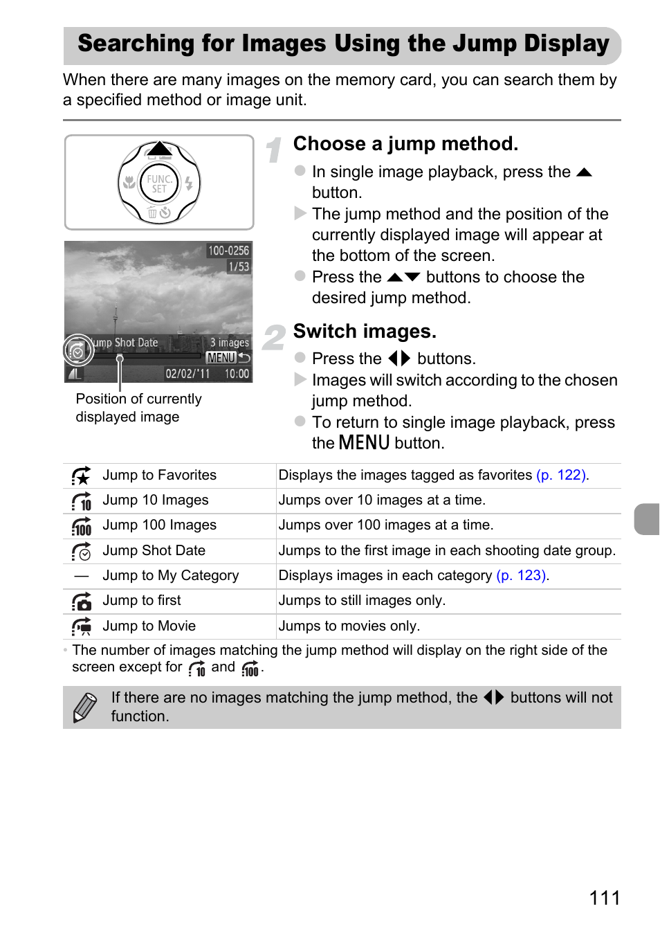 Searching for images using the jump display, Searching for images using, The jump display | Jump), P. 111), Choose a jump method, Switch images | Canon A1200 User Manual | Page 111 / 184