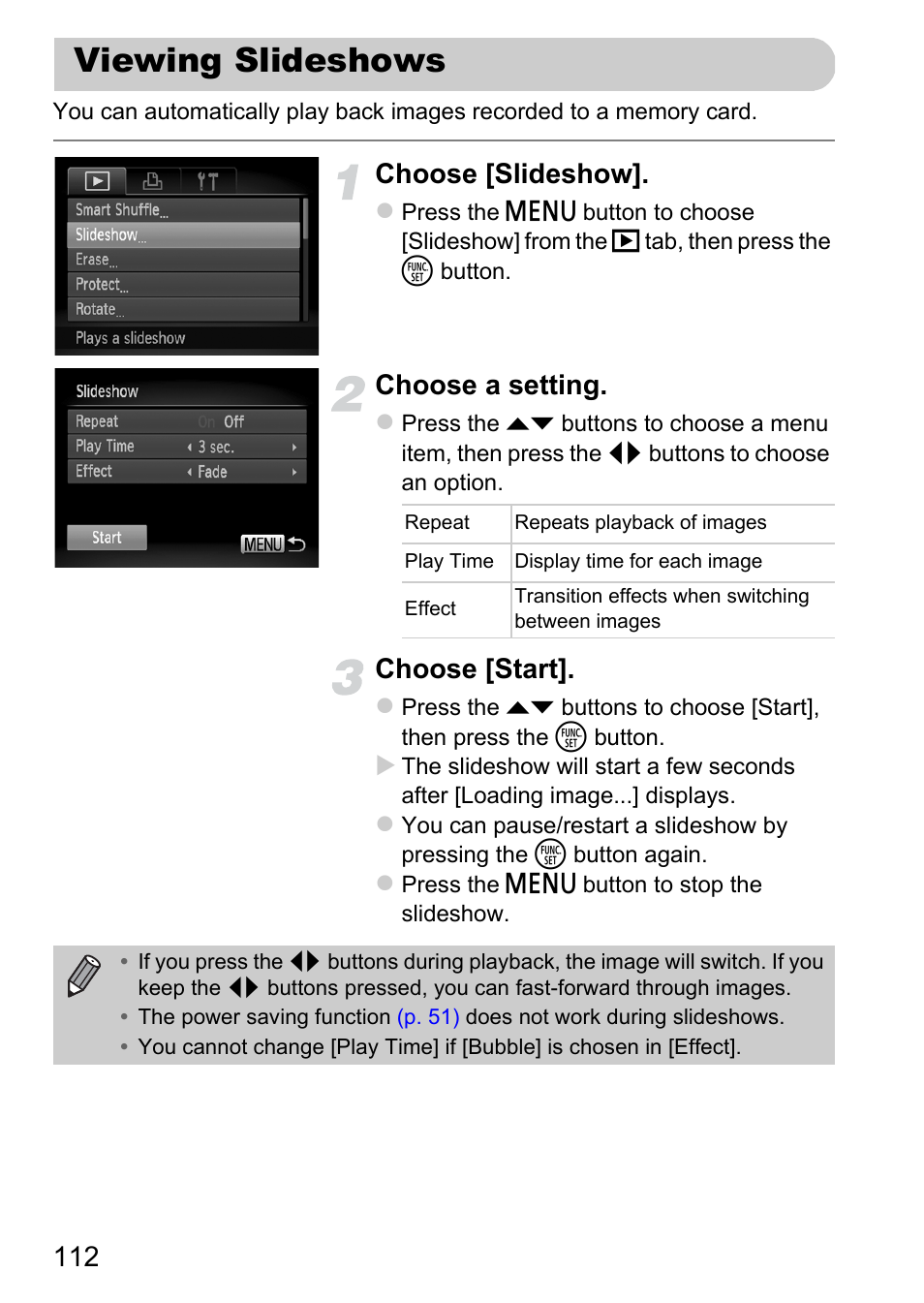 Viewing slideshows, Choose [slideshow, Choose a setting | Choose [start | Canon A1200 User Manual | Page 112 / 184