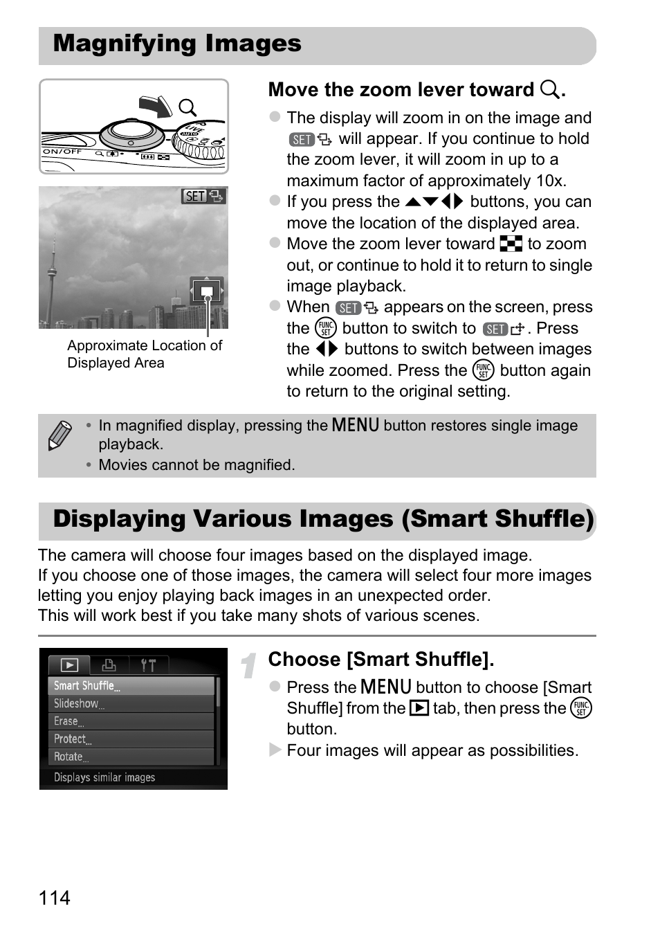 Magnifying images, Displaying various images (smart shuffle), Magnifying images displaying various images | Smart shuffle), 114 move the zoom lever toward k, Choose [smart shuffle | Canon A1200 User Manual | Page 114 / 184