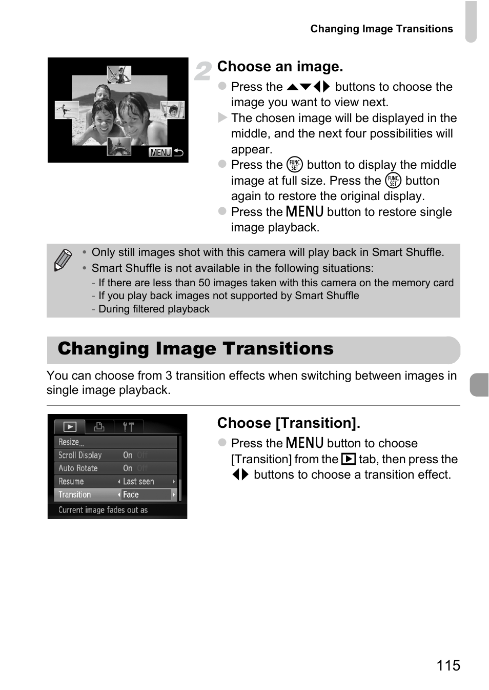 Changing image transitions, 115 choose an image, Choose [transition | Canon A1200 User Manual | Page 115 / 184