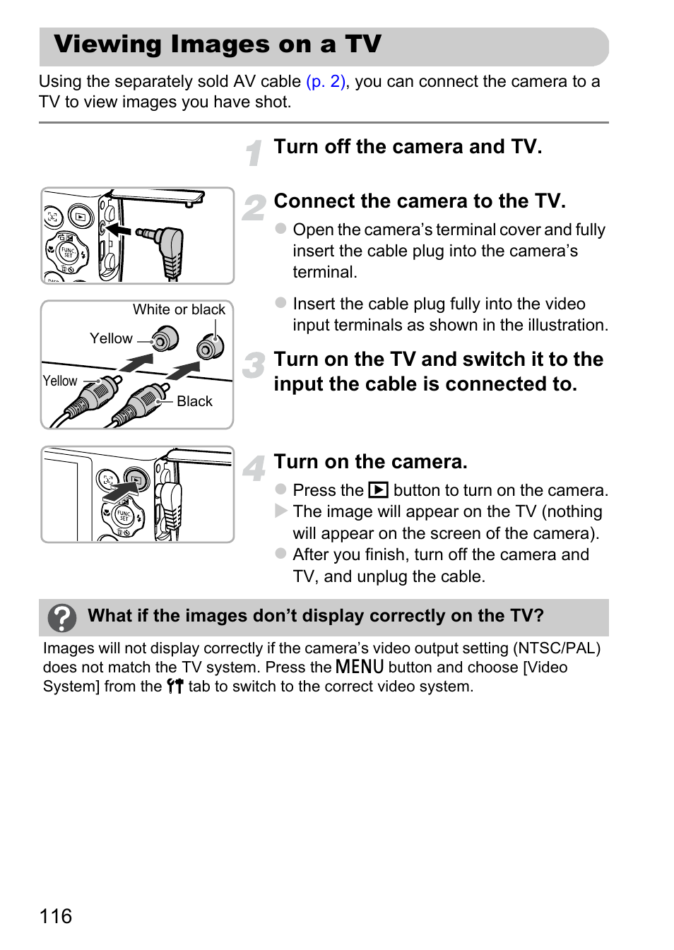 Viewing images on a tv, P. 116) | Canon A1200 User Manual | Page 116 / 184
