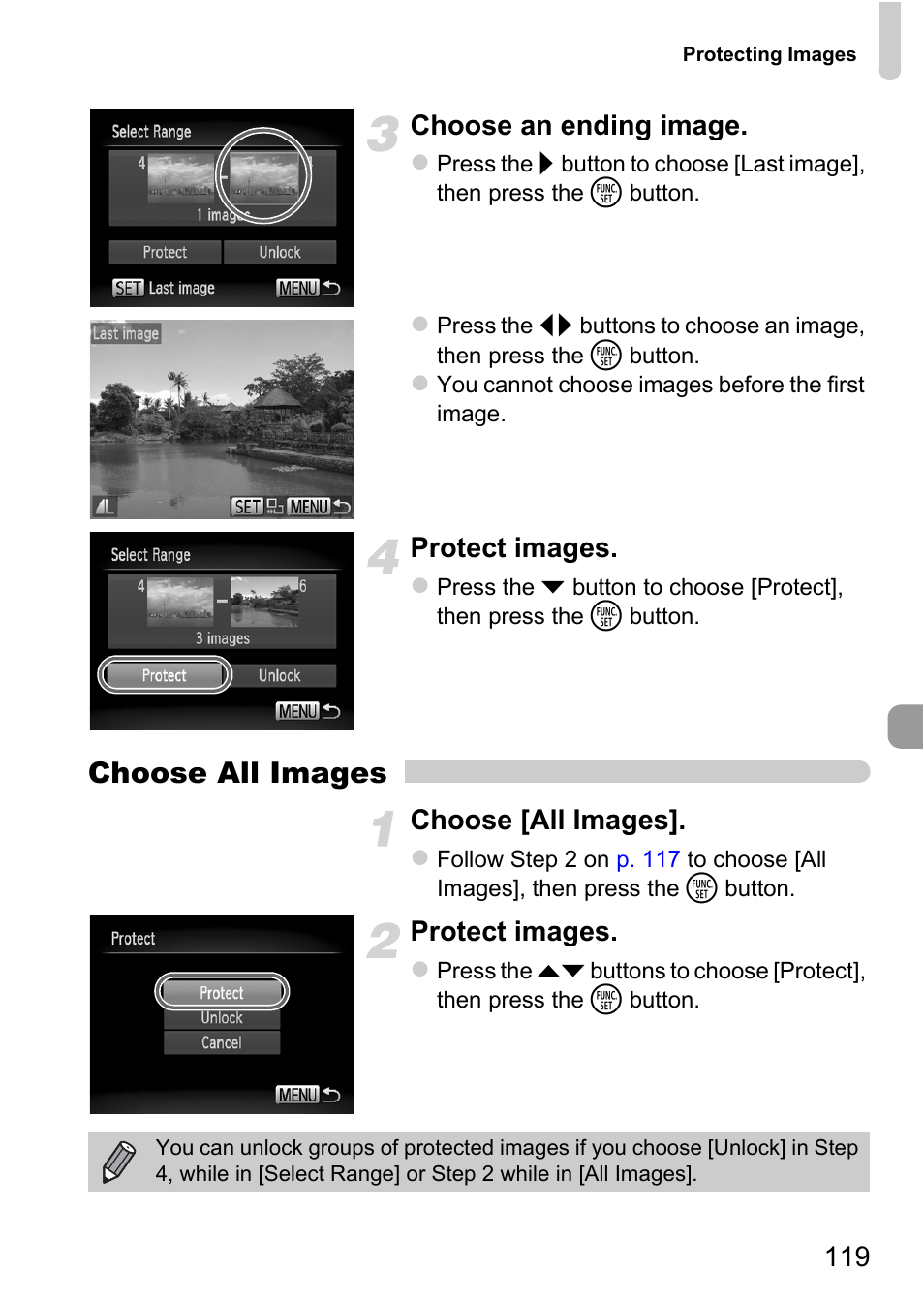 Choose all images, 119 choose an ending image, Protect images | Choose [all images | Canon A1200 User Manual | Page 119 / 184