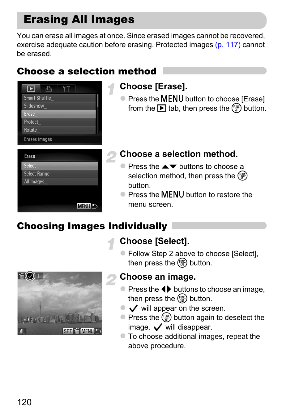 Erasing all images, Choose a selection method, Choosing images individually | Canon A1200 User Manual | Page 120 / 184