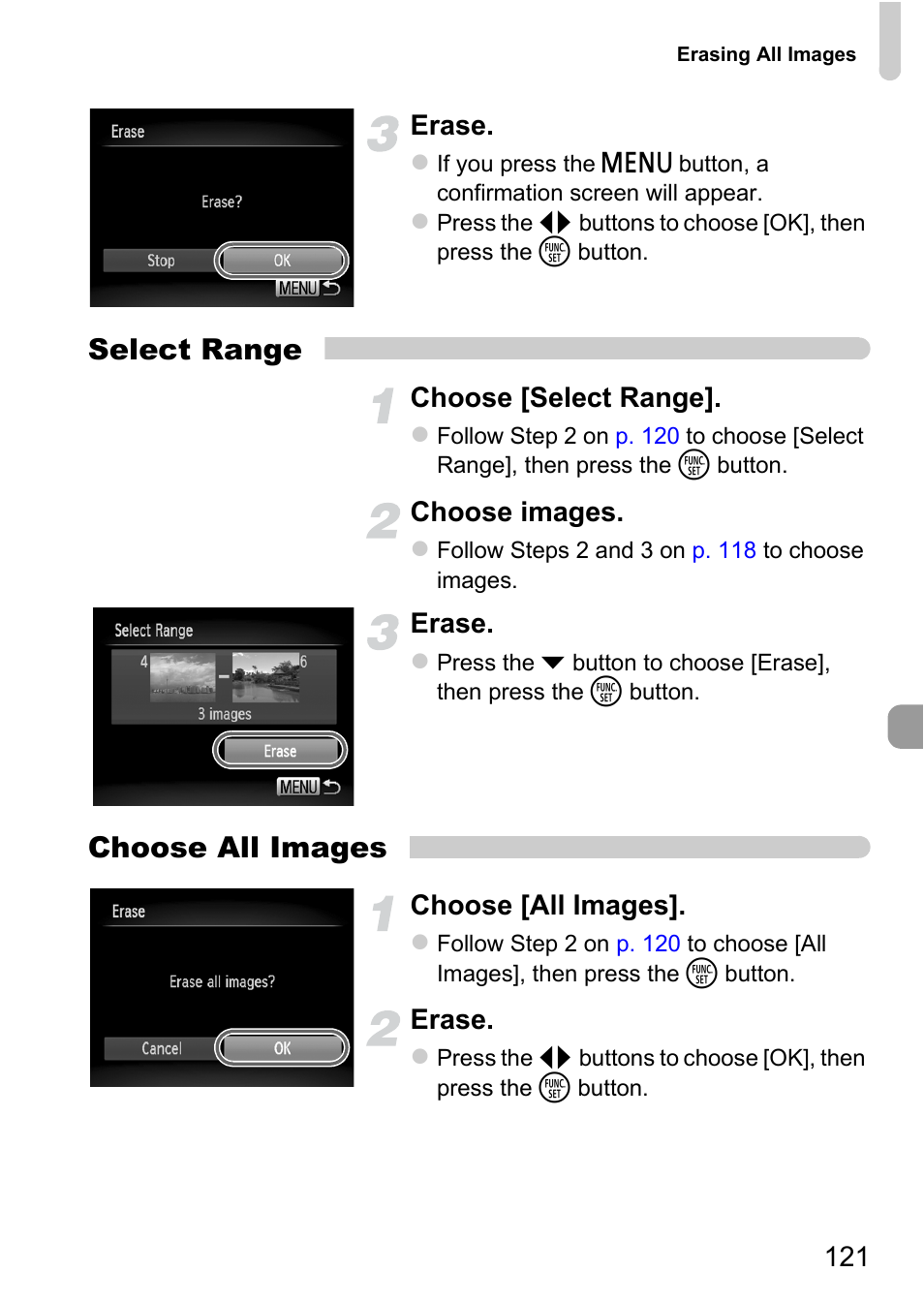 Select range, Choose all images, 121 erase | Choose [select range, Choose images, Erase, Choose [all images | Canon A1200 User Manual | Page 121 / 184