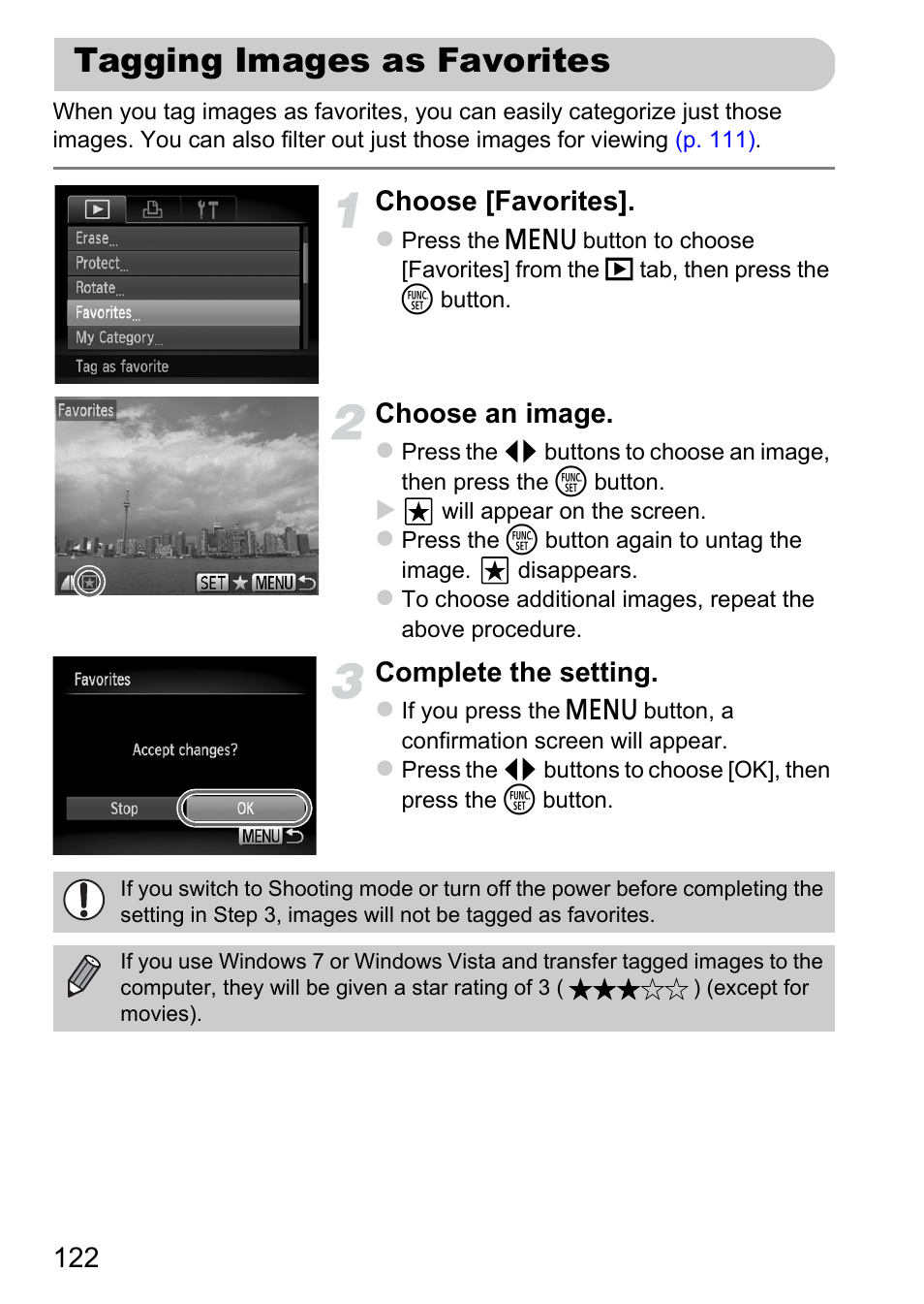 Tagging images as favorites, P. 122), Choose [favorites | Choose an image, Complete the setting | Canon A1200 User Manual | Page 122 / 184
