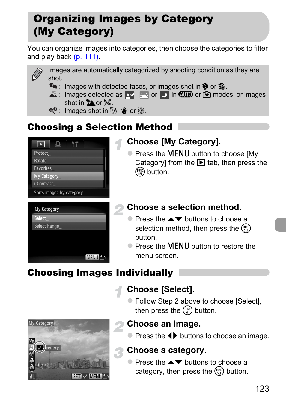 Organizing images by category (my category), Organizing images by category, My category) | Category, P. 123), Choosing a selection method, Choosing images individually, Choose [my category, Choose a selection method, Choose [select | Canon A1200 User Manual | Page 123 / 184