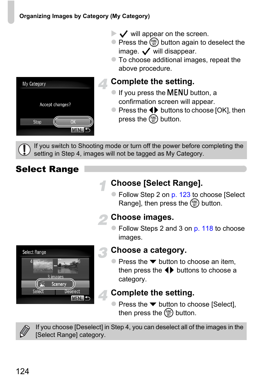 Select range, Complete the setting, Choose [select range | Choose images, Choose a category | Canon A1200 User Manual | Page 124 / 184