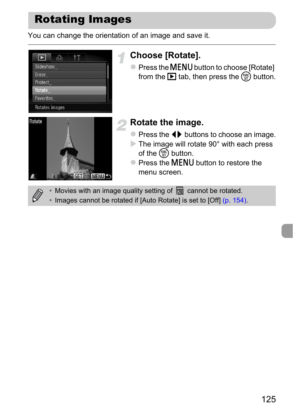 Rotating images, Choose [rotate, Rotate the image | Canon A1200 User Manual | Page 125 / 184