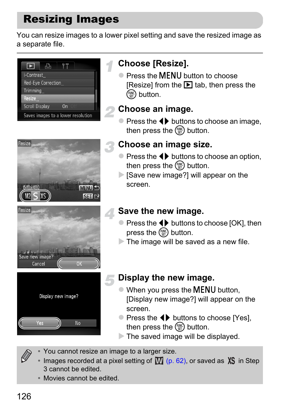Resizing images, Pp. 126, Choose [resize | Choose an image, Choose an image size, Save the new image, Display the new image | Canon A1200 User Manual | Page 126 / 184