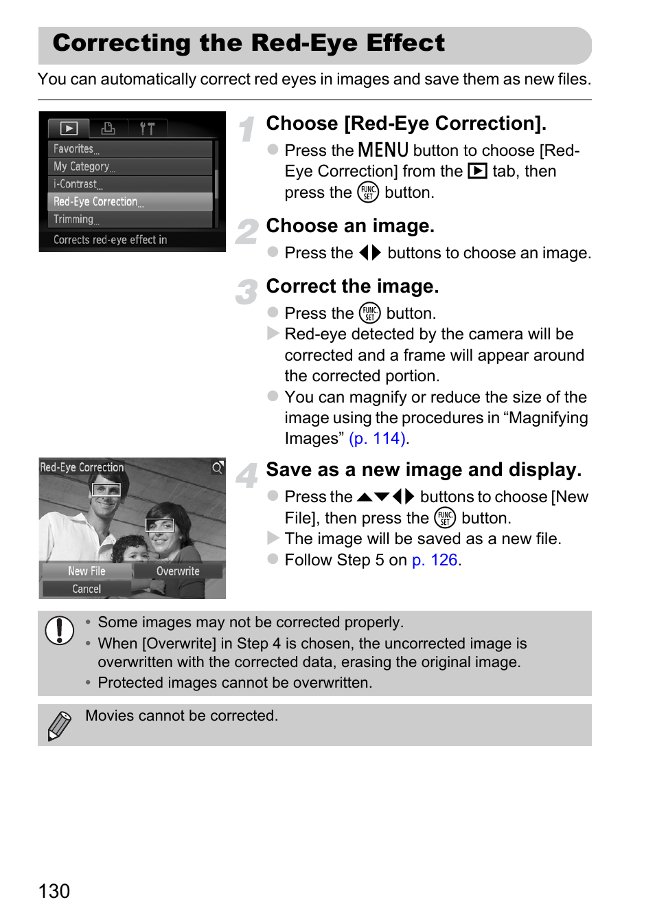 Correcting the red-eye effect, Choose [red-eye correction, Choose an image | Correct the image, Save as a new image and display | Canon A1200 User Manual | Page 130 / 184