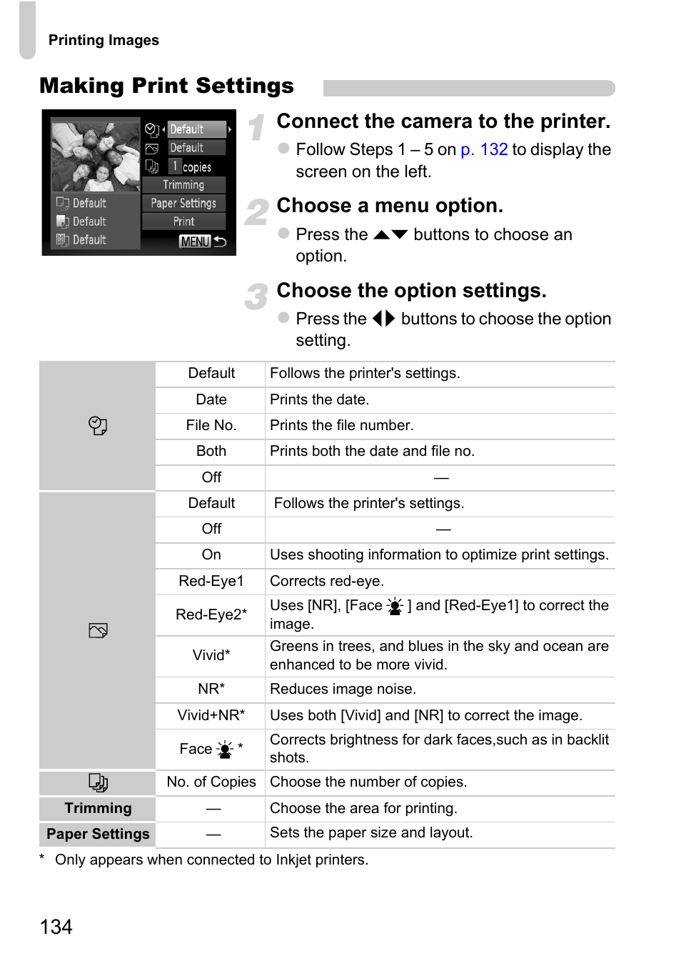P. 134), Making print settings, Connect the camera to the printer | Choose a menu option, Choose the option settings | Canon A1200 User Manual | Page 134 / 184