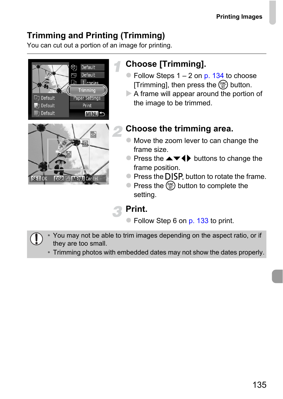 135 trimming and printing (trimming), Choose [trimming, Choose the trimming area | Print | Canon A1200 User Manual | Page 135 / 184
