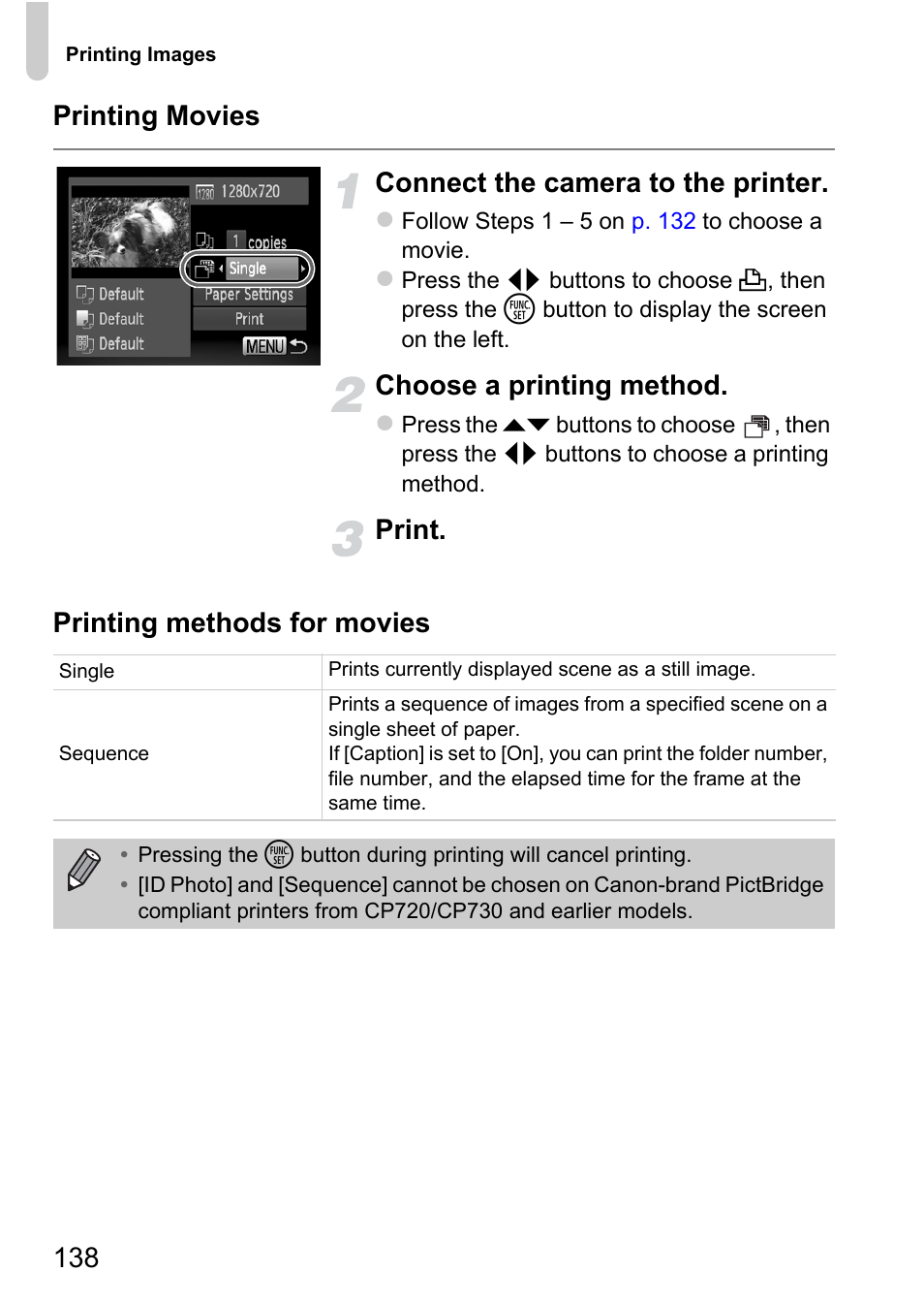 Choose a printing method, Print. printing methods for movies | Canon A1200 User Manual | Page 138 / 184