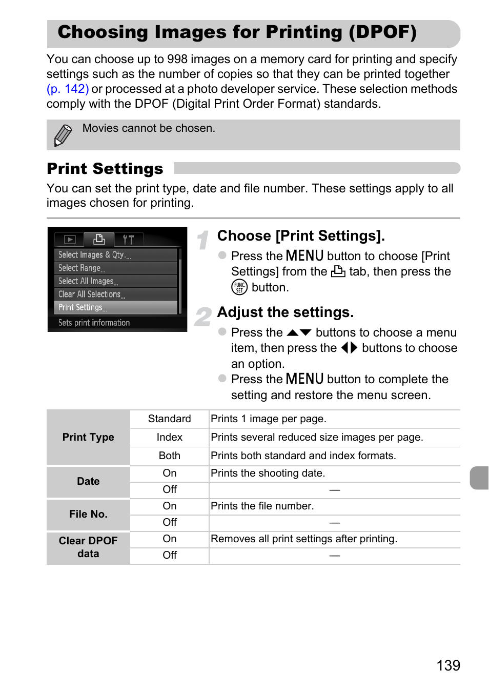 Choosing images for printing (dpof), Choosing images for printing, Dpof) | Tings, P. 139), Print settings, Choose [print settings, Adjust the settings | Canon A1200 User Manual | Page 139 / 184