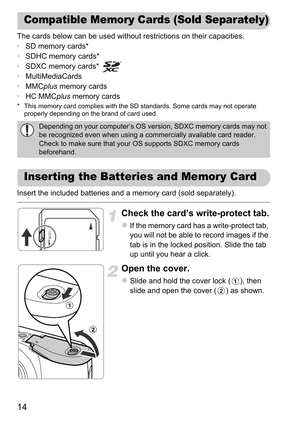 Compatible memory cards (sold separately), Inserting the batteries and memory card, Compatible memory cards (sold | Separately), Inserting the batteries and memory, Card, Check the card’s write-protect tab, Open the cover | Canon A1200 User Manual | Page 14 / 184